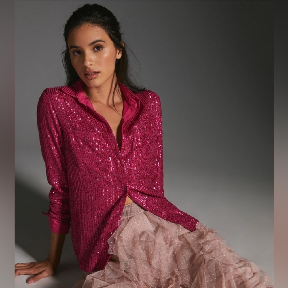 NWT! Anthropologie Pink Pattern The Remie Sequin Buttondown - Size XS 🗝️